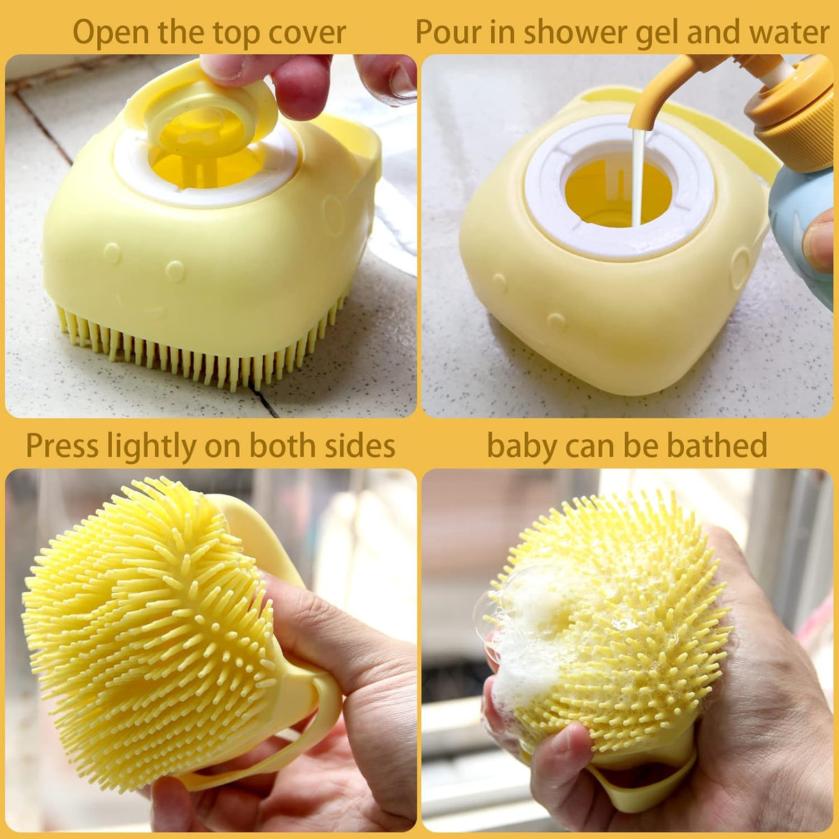 Hunde-Badebürste mit Shampoo-Spender, Massagebürste für Hundewäsche (Gelb)